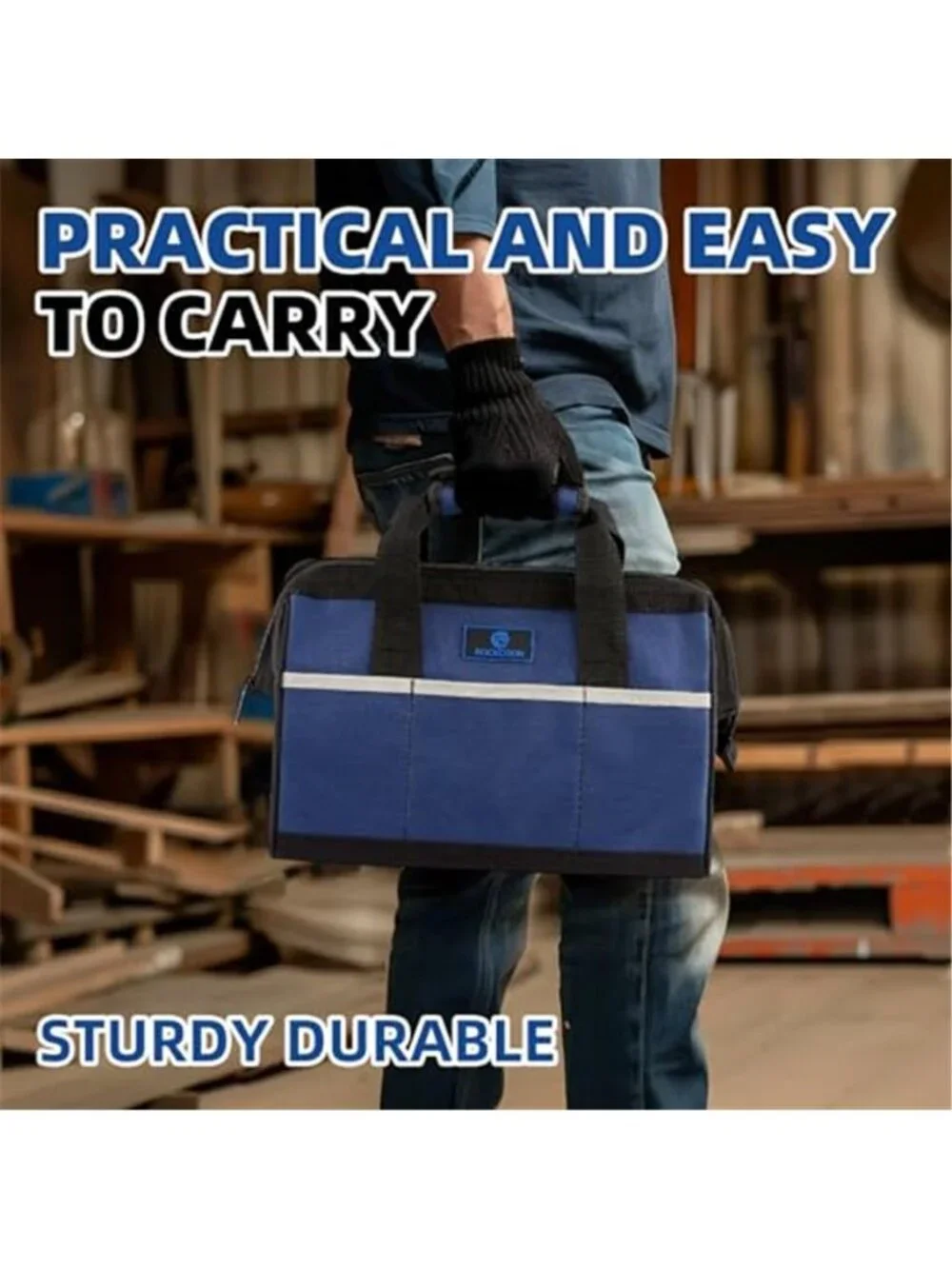 13 Inch Heavy Duty Waterproof Tool Bag Wide Mouth Oxford Nylon Blue Black
